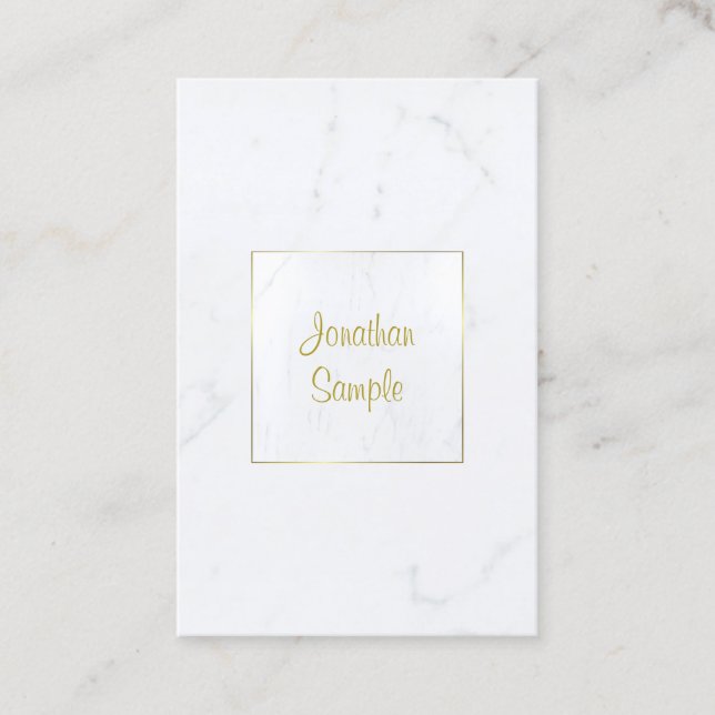 Luxury Template Elegant White Marble Gold Script Business Card (Front)