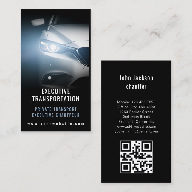Luxury Transport Car QR Code Blue & Black Business Card (Front/Back)