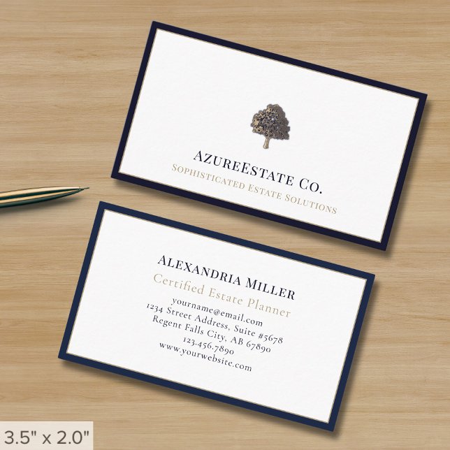 Luxury Tree Logo Navy Blue Border Business Card (Creator Uploaded)