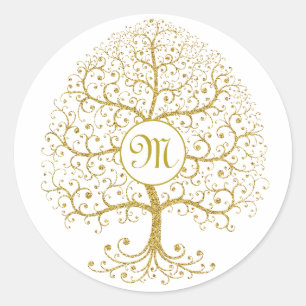 Luxury Tree of Life Gold Modern Monogram Classic Round Sticker