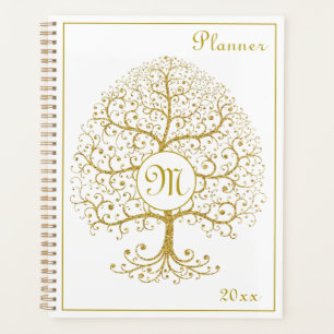 Luxury Tree of Life Monogram Gold White Modern Planner