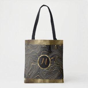Luxury Trendy Black and Gold Faux Agate Tote Bag