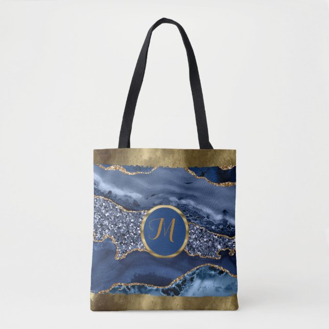 Luxury Trendy Black ,Gold, Blue Faux Agate  Tote Bag (Front)