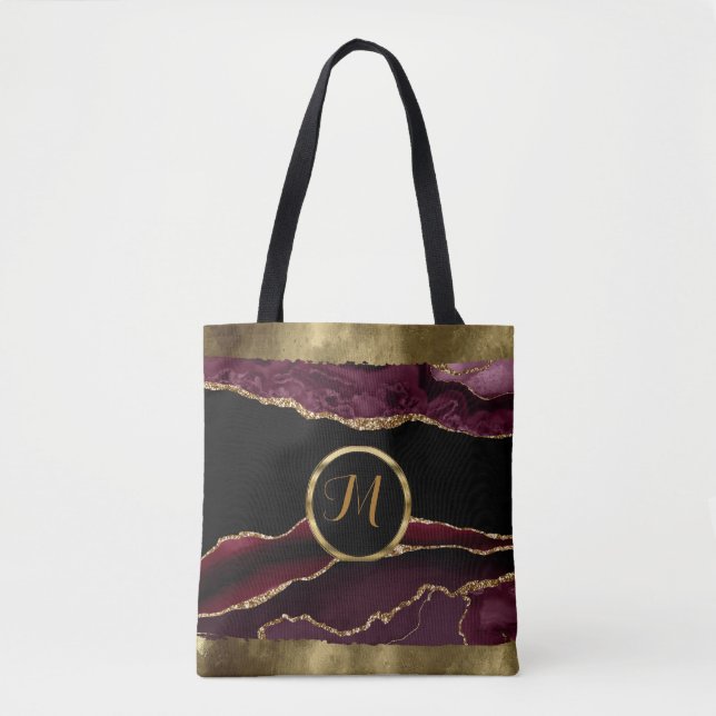 Luxury Trendy Black ,Gold, Burgundy Faux Agate  Tote Bag (Front)