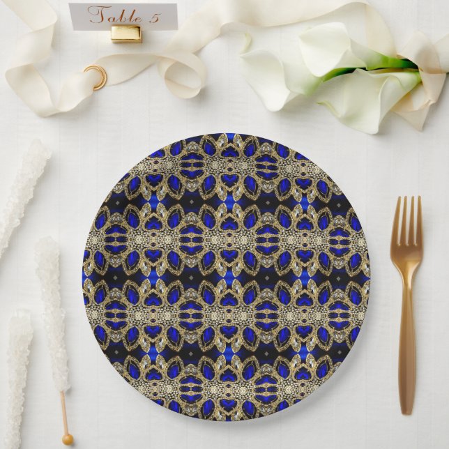 Luxury Trendy Stylish Gold Turquoise Cobalt Blue  Paper Plate (Wedding)