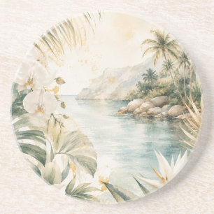 Luxury Tropical Coastal Watercolor Wall Art Coaster
