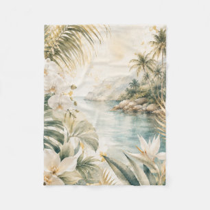 Luxury Tropical Coastal Watercolor Wall Art Fleece Blanket