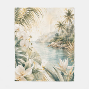 Luxury Tropical Coastal Watercolor Wall Art Fleece Blanket