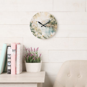 Luxury Tropical Coastal Watercolor Wall Art Large Clock