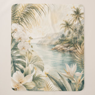 Luxury Tropical Coastal Watercolor Wall Art Sherpa Blanket