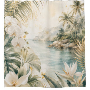 Luxury Tropical Coastal Watercolor Wall Art Shower Curtain