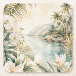 Luxury Tropical Coastal Watercolor Wall Art Square Paper Coaster
