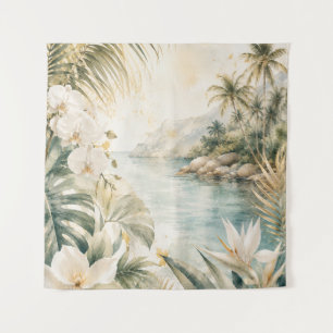 Luxury Tropical Coastal Watercolor Wall Art Tapestry