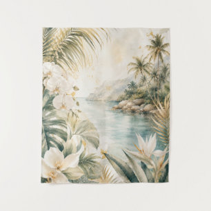 Luxury Tropical Coastal Watercolor Wall Art Tapestry