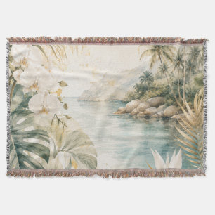 Luxury Tropical Coastal Watercolor Wall Art Throw Blanket