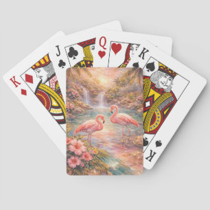 Luxury Tropical Flamingo Paradise Waterfall Gold Playing Cards