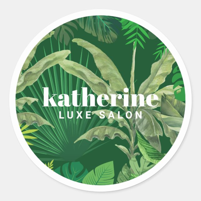 Luxury Tropical Modern Boutique & Salon Green Classic Round Sticker (Front)