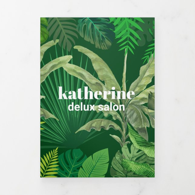 Luxury Tropical Modern Boutique & Salon Green Tri-Fold Card (Cover)