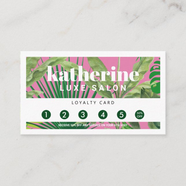 Luxury Tropical Modern Boutique & Salon Pink Loyalty Card (Front)