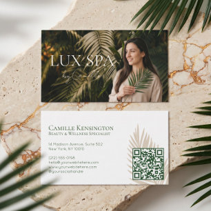 Luxury Tropical Palm Leaf Spa Wellness Photo QR Business Card
