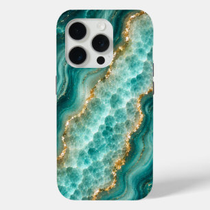 Luxury Turquoise Agate Marble with Gold Veins iPhone 15 Pro Case