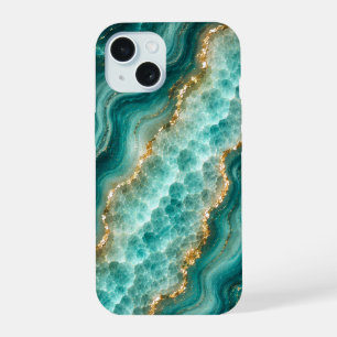 Luxury Turquoise Agate Marble with Gold Veins iPhone 15 Case