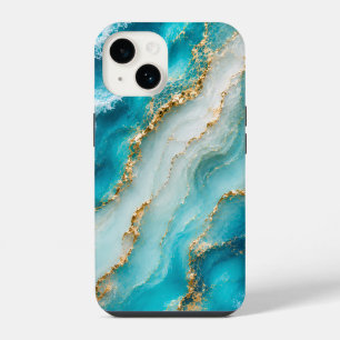 Luxury Turquoise Agate Marble with Gold Veins iPhone 14 Case