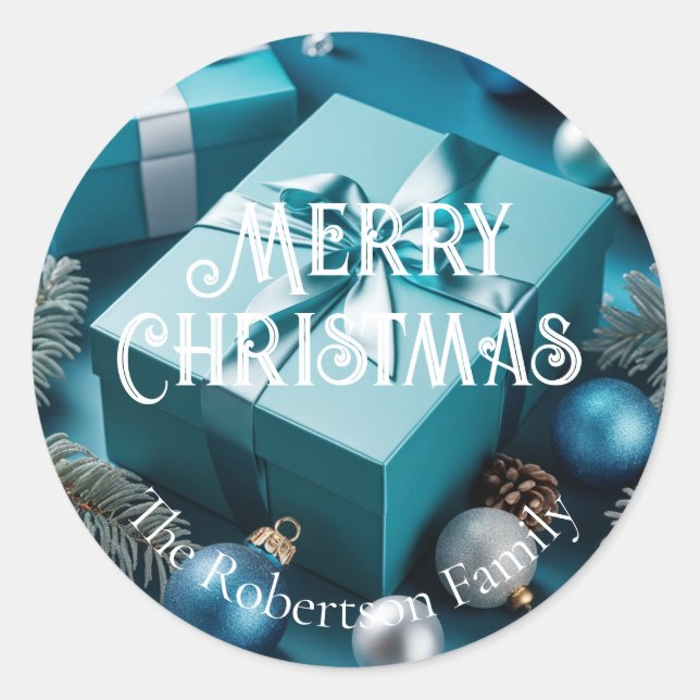 Luxury Turquoise Blue Green Silver Christmas Gifts Classic Round Sticker (Front)
