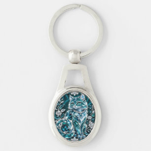 Luxury Turquoise Crystal Cat   Silver Frame Key Ring