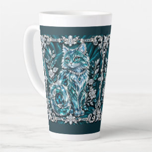 Luxury Turquoise Crystal Cat Silver Frame Latte Mug