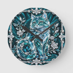 Luxury Turquoise Crystal Cat Silver Frame Round Clock