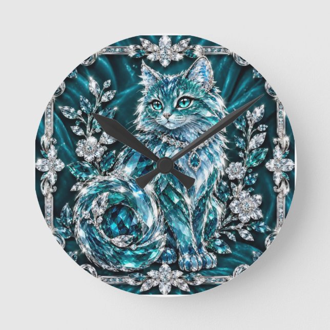 Luxury Turquoise Crystal Cat | Silver Frame Round Clock (Front)