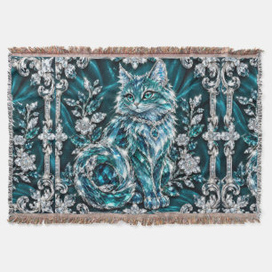 Luxury Turquoise Crystal Cat Silver Frame Throw Blanket