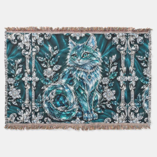 Luxury Turquoise Crystal Cat | Silver Frame Throw Blanket (Front)