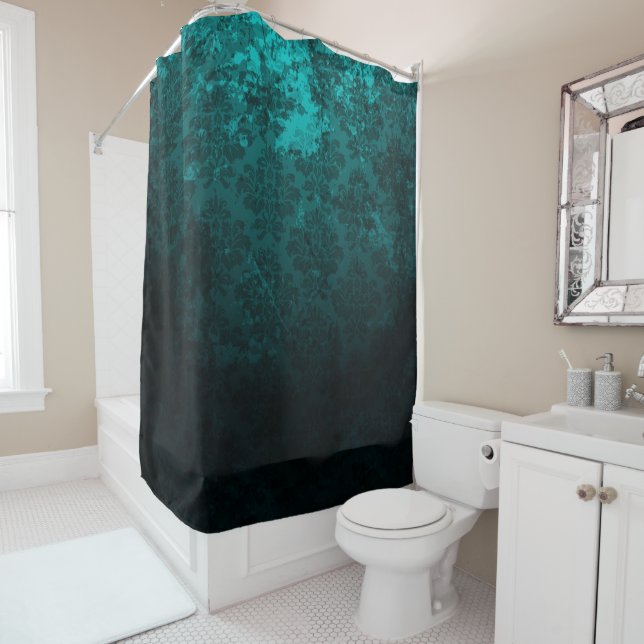 Luxury Turquoise Damask Shower Curtain (In Situ)