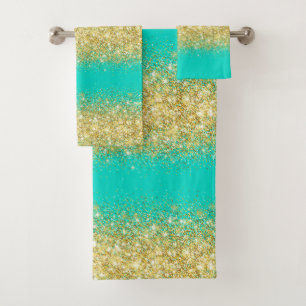Luxury Turquoise Gold Glitter Bath Towel Set