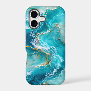 Luxury Turquoise Ocean Marble with Gold Foil Waves