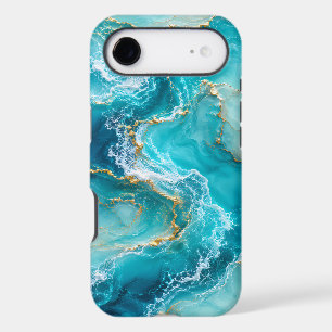 Luxury Turquoise Ocean Marble with Gold Foil Waves