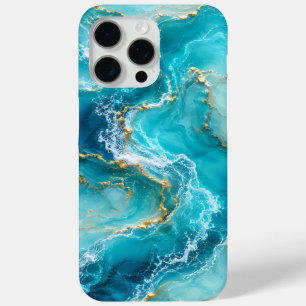 Luxury Turquoise Ocean Marble with Gold Foil Waves iPhone 15 Pro Max Case