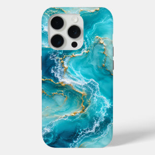 Luxury Turquoise Ocean Marble with Gold Foil Waves iPhone 15 Pro Case