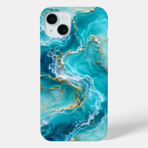 Luxury Turquoise Ocean Marble with Gold Foil Waves iPhone 15 Mini Case