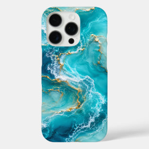 Luxury Turquoise Ocean Marble with Gold Foil Waves iPhone 16 Pro Case