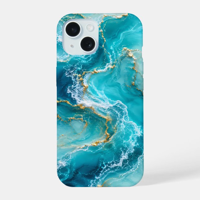 Luxury Turquoise Ocean Marble with Gold Foil Waves iPhone 15 Case (Back)