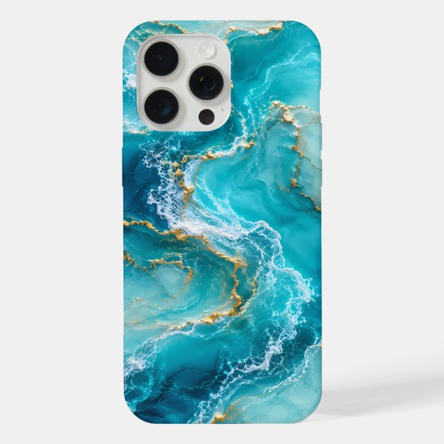 Luxury Turquoise Ocean Marble with Gold Foil Waves iPhone Case (Back)