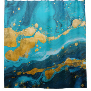 Luxury Turquoise Teal Blue and Gold Fluid Marble Shower Curtain