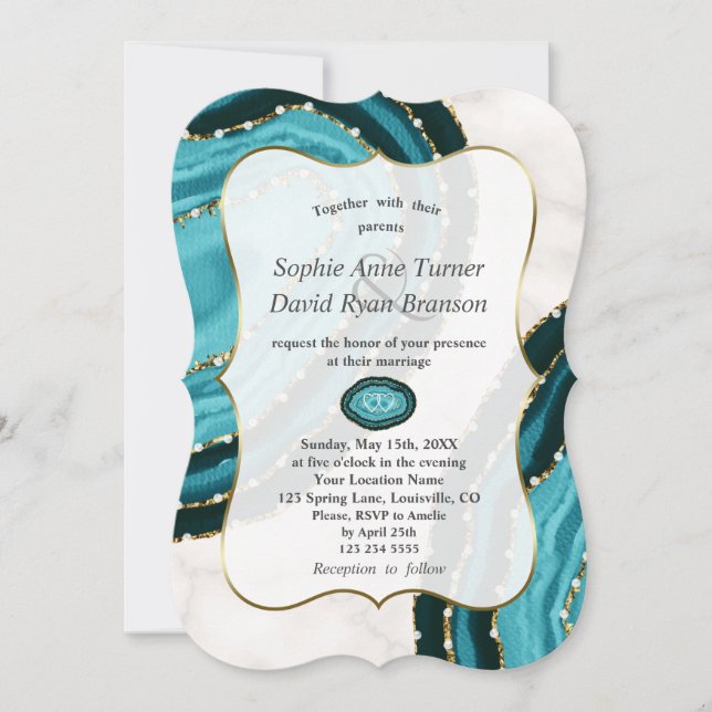 Luxury Turquoise Watercolor Agate Pearls Wedding Invitation (Front)