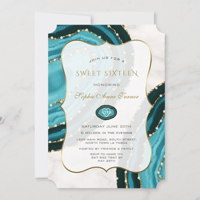 Luxury Turquoise Watercolor Agates Sweet Sixteen Invitation (Front)