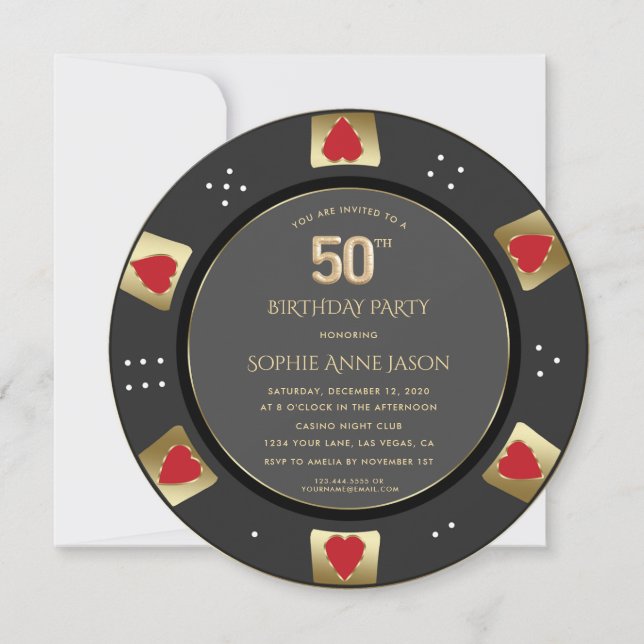 Luxury Vegas Gold Poker Chip 50th Birthday  Invitation (Front)