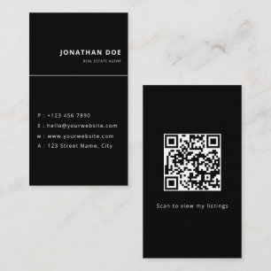 Luxury Vertical Black QR Code Realtor Business Card