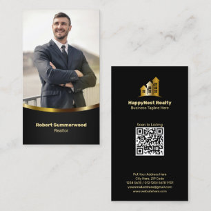 Luxury Vertical Real Estate Agent Photo Black Gold Business Card